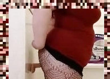 Thick Milf wearing Fishnets in Bathroom with Dildo Stuck to Wall in ASS