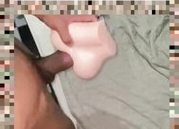 Latino straight guy masturbates with his new toy