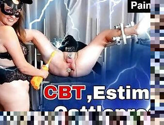 Femdom Ballbusting CBT EStim & Cattleprod on my Slave! Bondage Discipline Real Homemade Anal