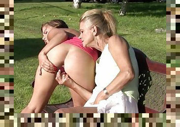 Finding very old mother toying young pussy outdoors