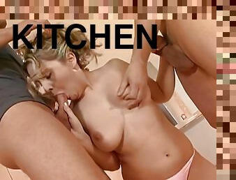 Cute Country Girl Gets Her Fat Butt Plowed In A Kitchen Threesome With Intense Dp