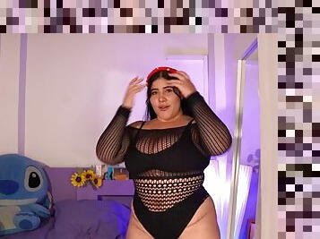 BBW with big tits in boots, pantyhose and sexy lingerie in see-through lingerie