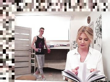 TUTOR4K. Boy spills tea on blonde tutor and convinces to have quick sex